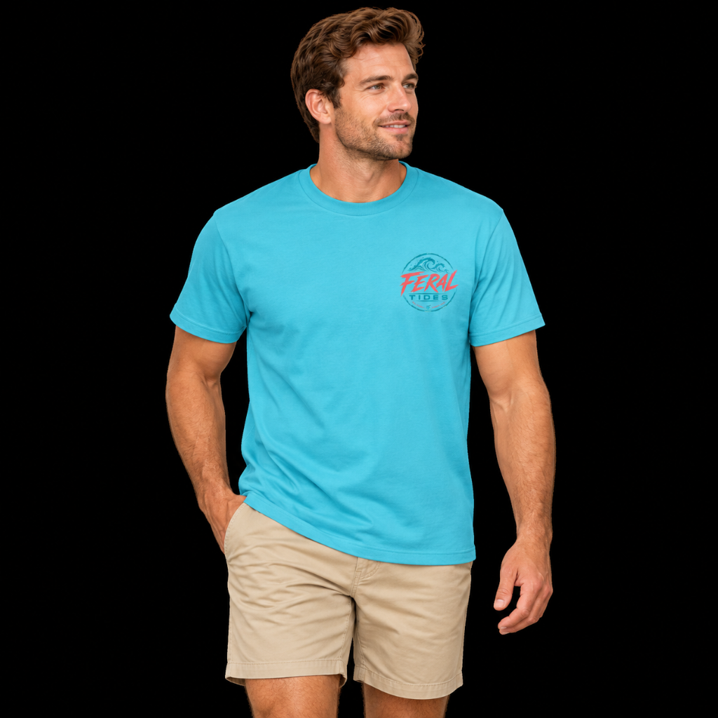 Male model wearing the Aqua Feral Tides Tidal Rebel Tee, standing with one hand in pocket and looking right, showing the small coral-and-teal wave logo on the front chest against a solid black background.