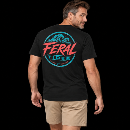 Male model wearing the Black Feral Tides Tidal Rebel Tee, looking back over right shoulder with arms relaxed, showing the large coral-and-teal wave graphic on the back against a solid black background.
