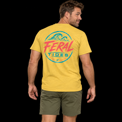 Male model wearing the Heather Mellow Yellow Feral Tides Tidal Rebel Tee, looking back over right shoulder with arms relaxed, showing the large coral-and-teal wave graphic on the back against a solid black background.