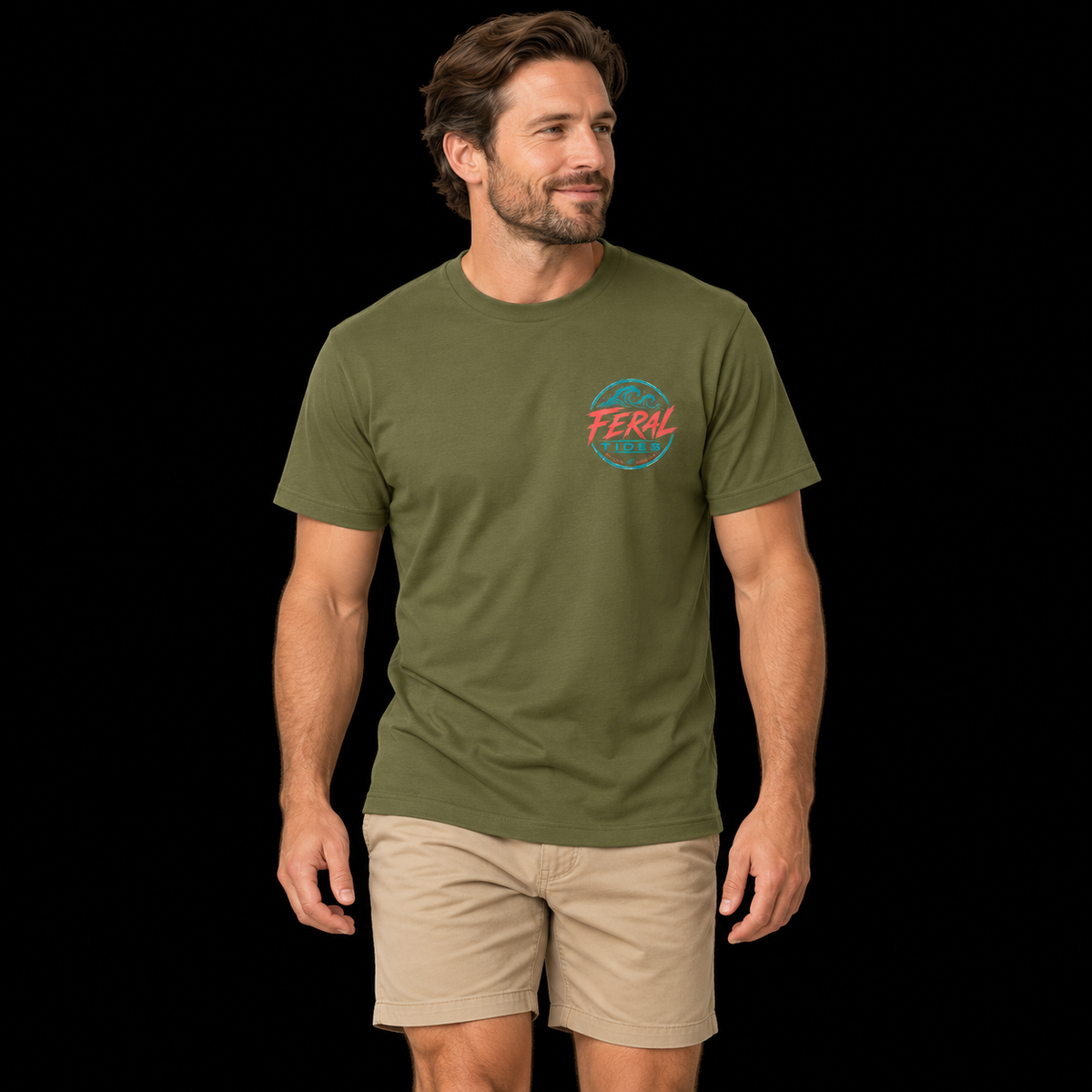Male model wearing the Military Green Feral Tides Tidal Rebel Tee, walking casually and looking right, showing the small coral-and-teal wave logo on the front chest against a solid black background.